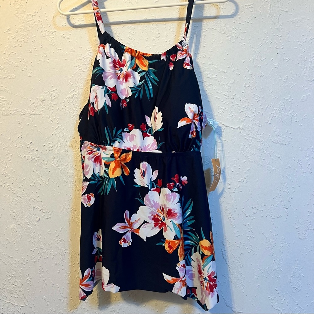 Kona Sol Black Floral Swim tankini top NEW WITH TAGS 20W